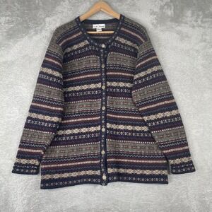 Croft & Barrow Cardigan Sweater Womens Large Blue Fair Isle 100% Wool Button Up